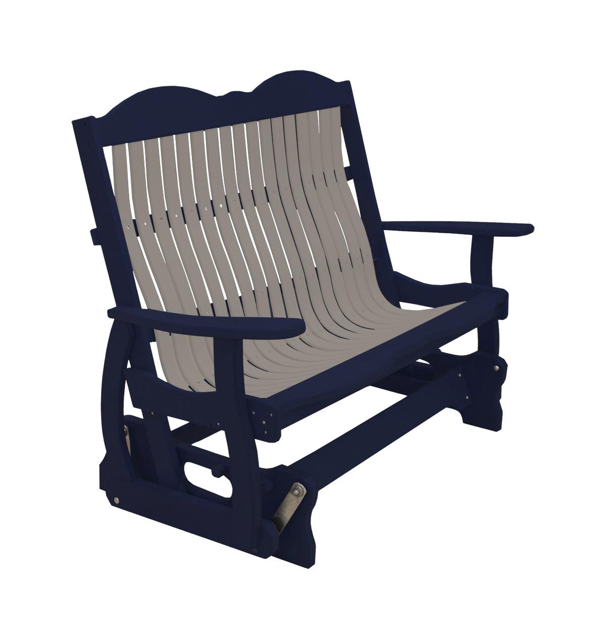 Two-tone navy blue and grey Cottage Glider Bench with a slatted back and built-in cupholders.