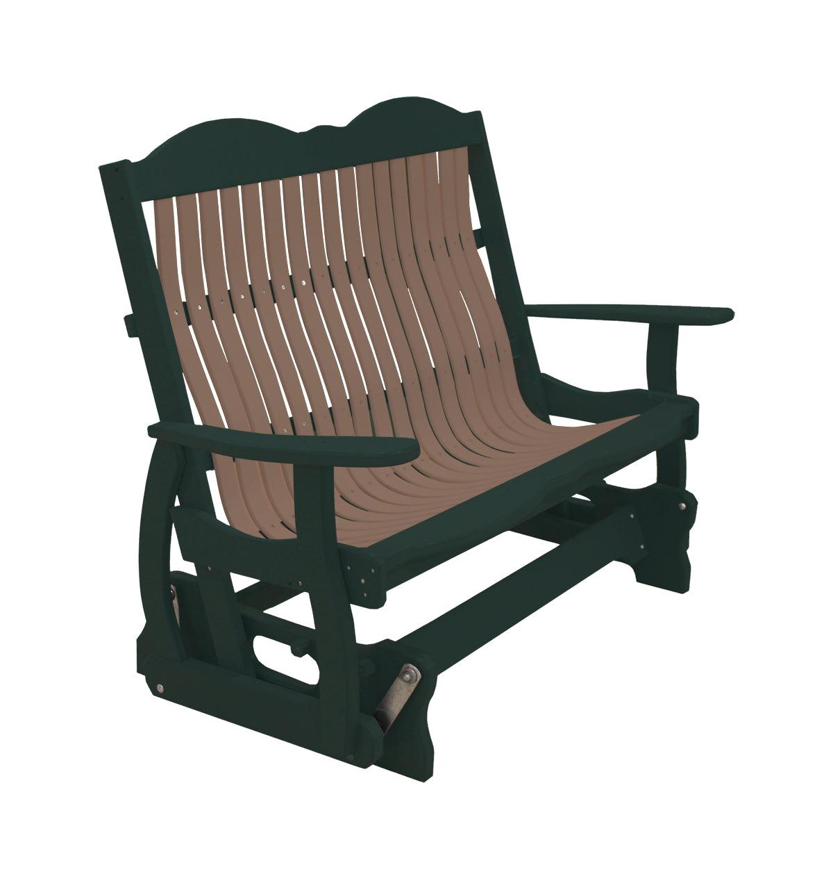 Two-tone green and brown Cottage Glider Bench with a slatted back and built-in cupholders.