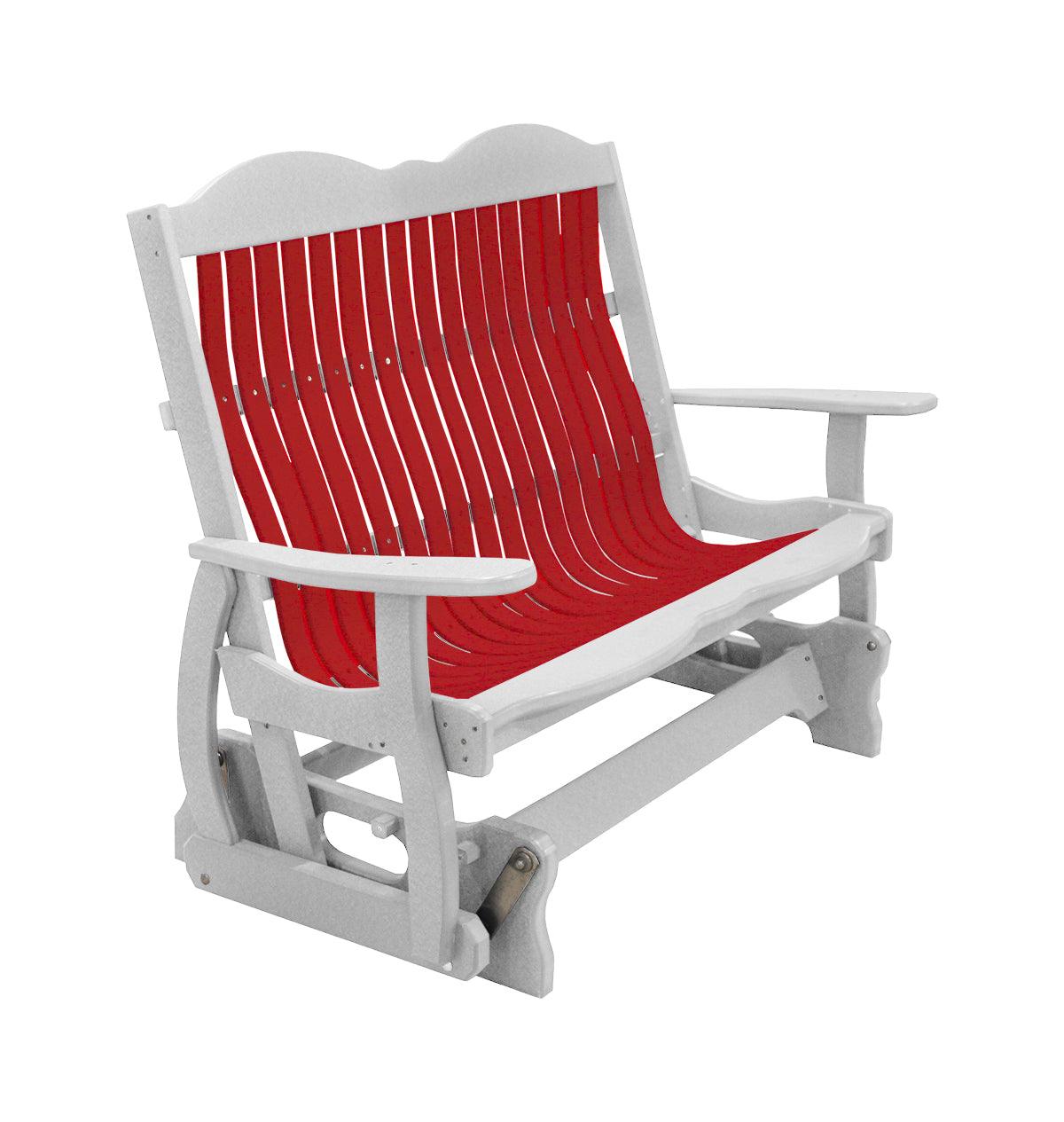 Two-tone Cottage Glider Bench with a white frame and red poly lumber slats.