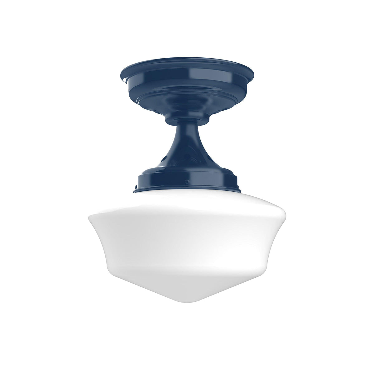 Schoolhouse flush mount light fixture with a glossy navy blue base and white glass shade.