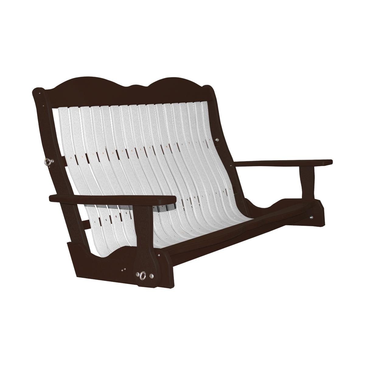 Classic Cottage Swing in dark brown and white poly lumber with Craftsman style slats.