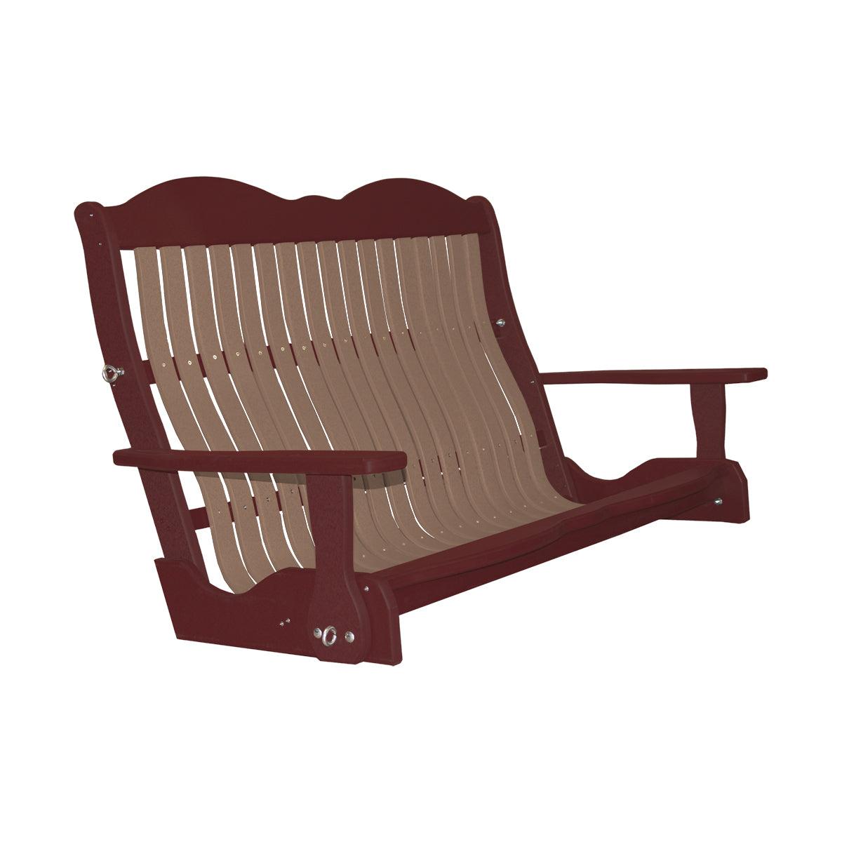 Classic Cottage porch swing in maroon and tan Craftsman style poly lumber.