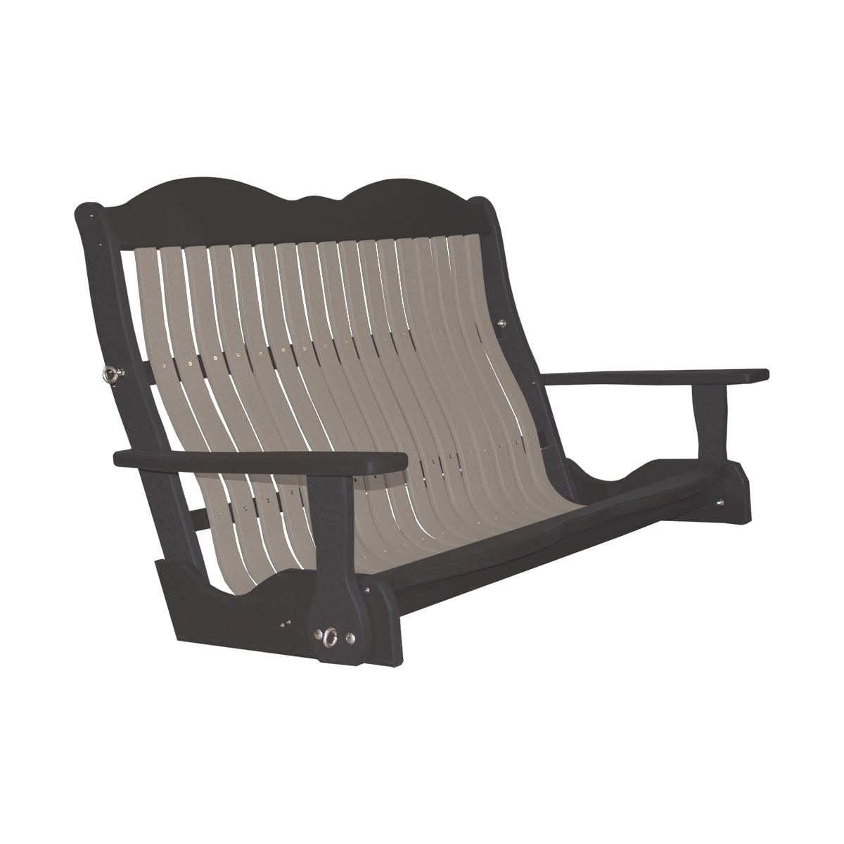 Two-tone Classic Cottage porch swing in dark grey and light brown durable poly lumber.