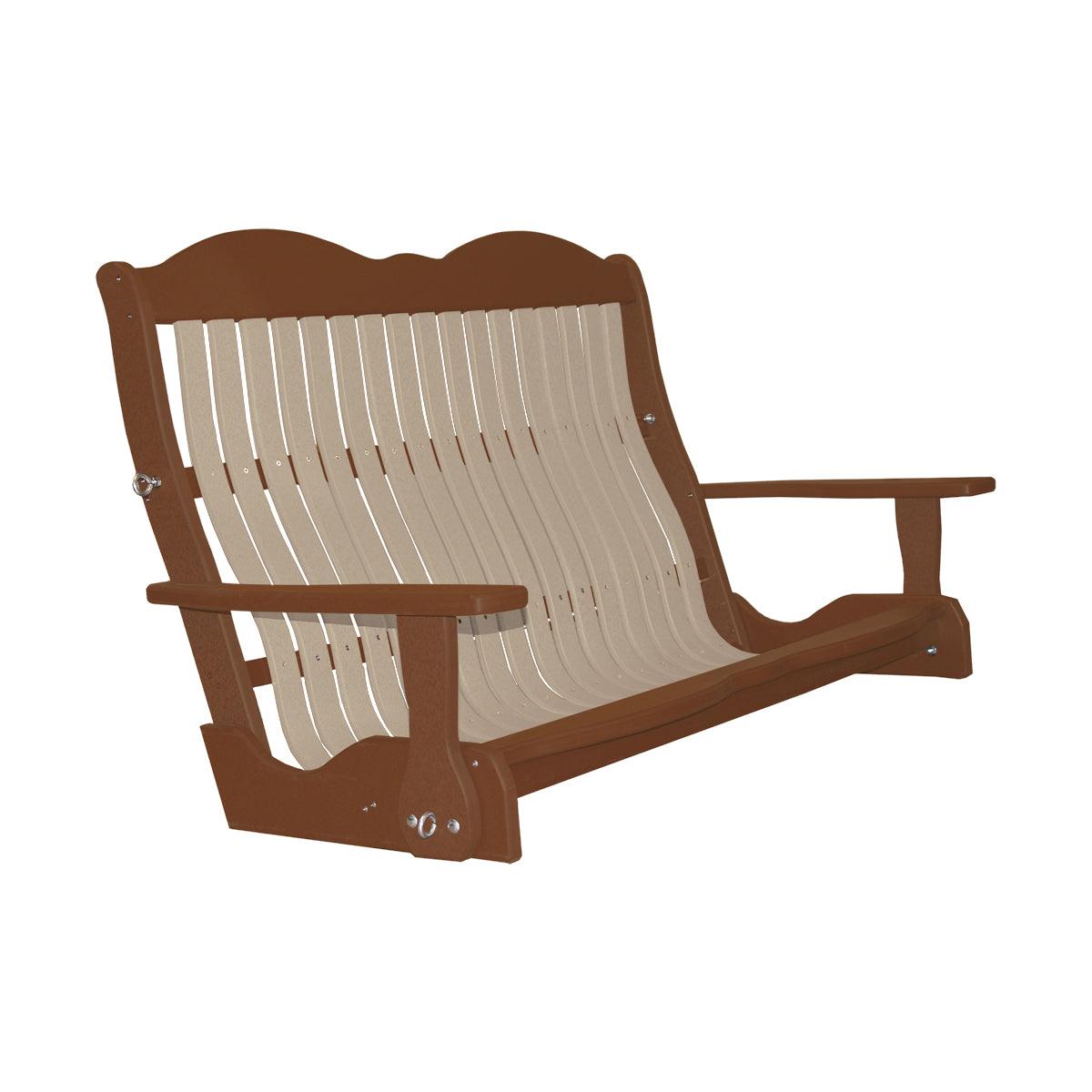 Two-tone brown and tan Classic Cottage porch swing with a curved Craftsman-style backrest.