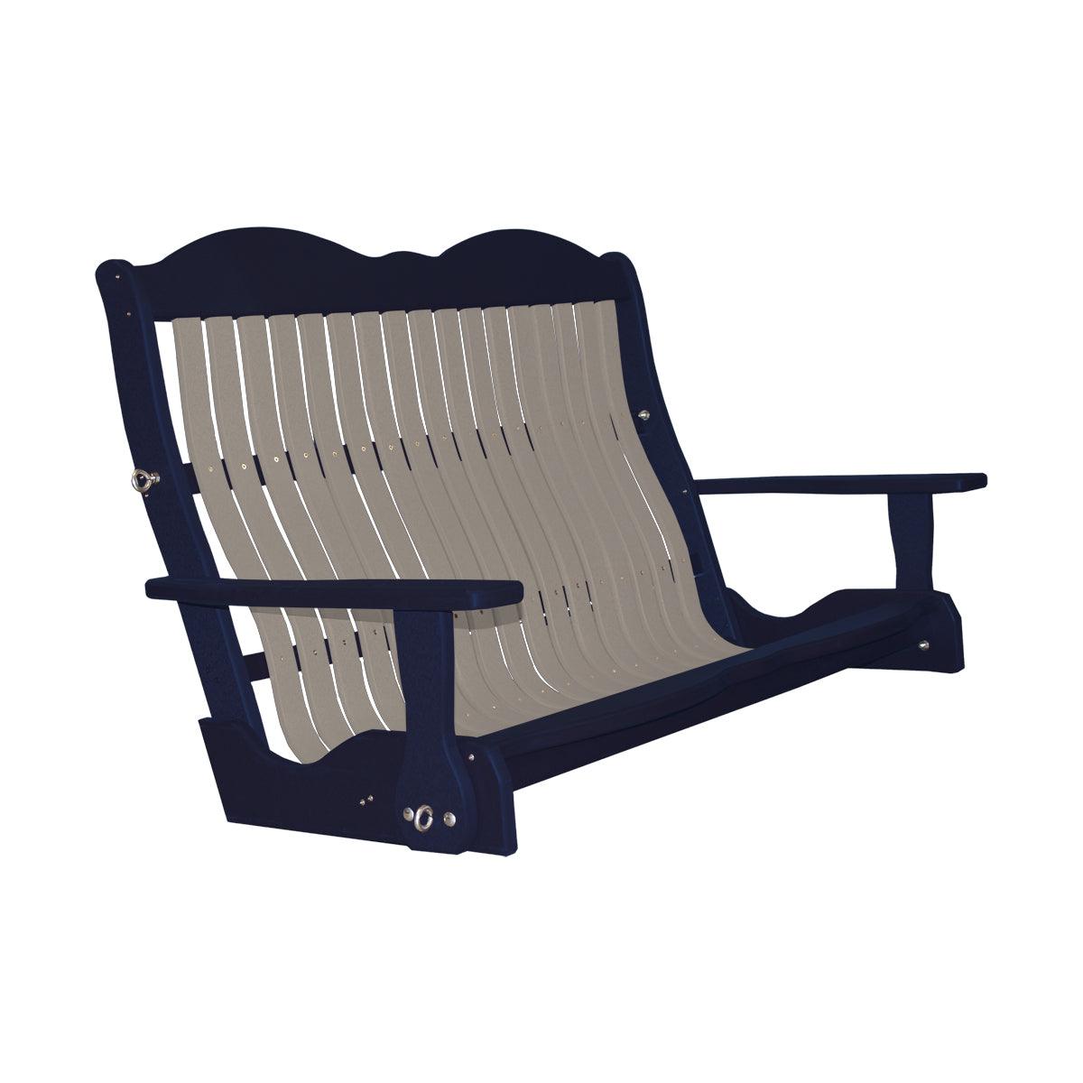Classic Cottage Swing in navy blue and tan Craftsman style poly lumber.