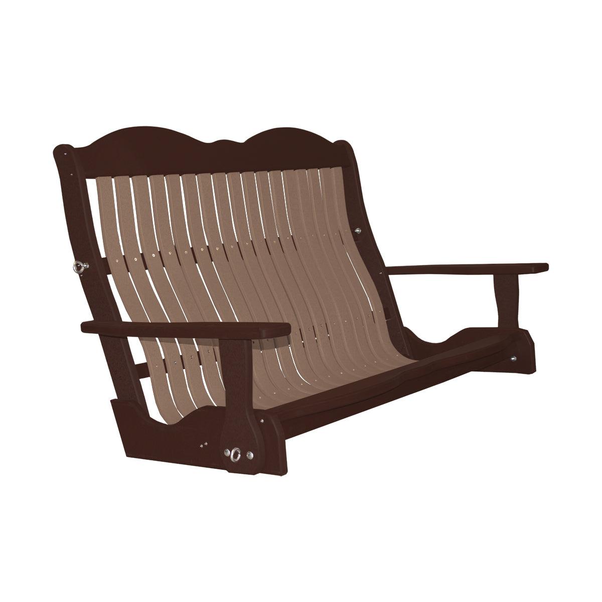 Classic Cottage porch swing in dark brown and tan Craftsman style poly lumber.