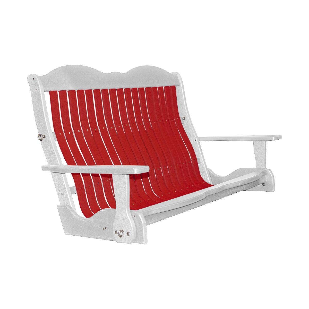 Classic Cottage porch swing in white and red Craftsman style with in-arm cupholders.