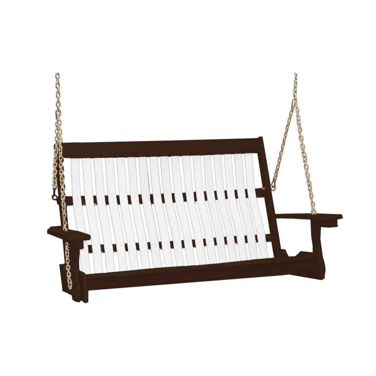 Two-tone brown and white Mission style poly porch swing with hanging chains