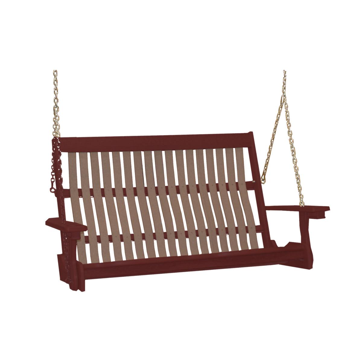 Two-tone Mission style poly porch swing in maroon and tan with hanging chains and built-in cupholders.