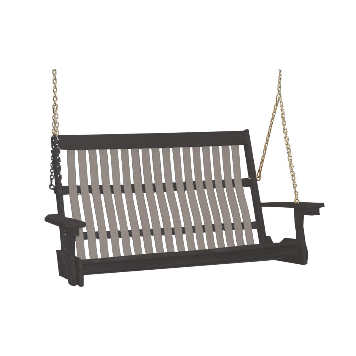 Two-tone grey and black Mission style poly porch swing with hanging chains and built-in cupholders