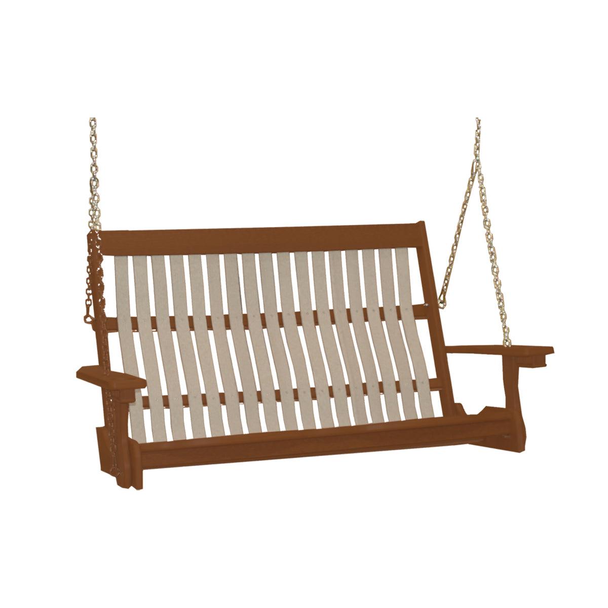 Two-tone brown and tan Mission style poly porch swing with hanging chains and built-in cupholders