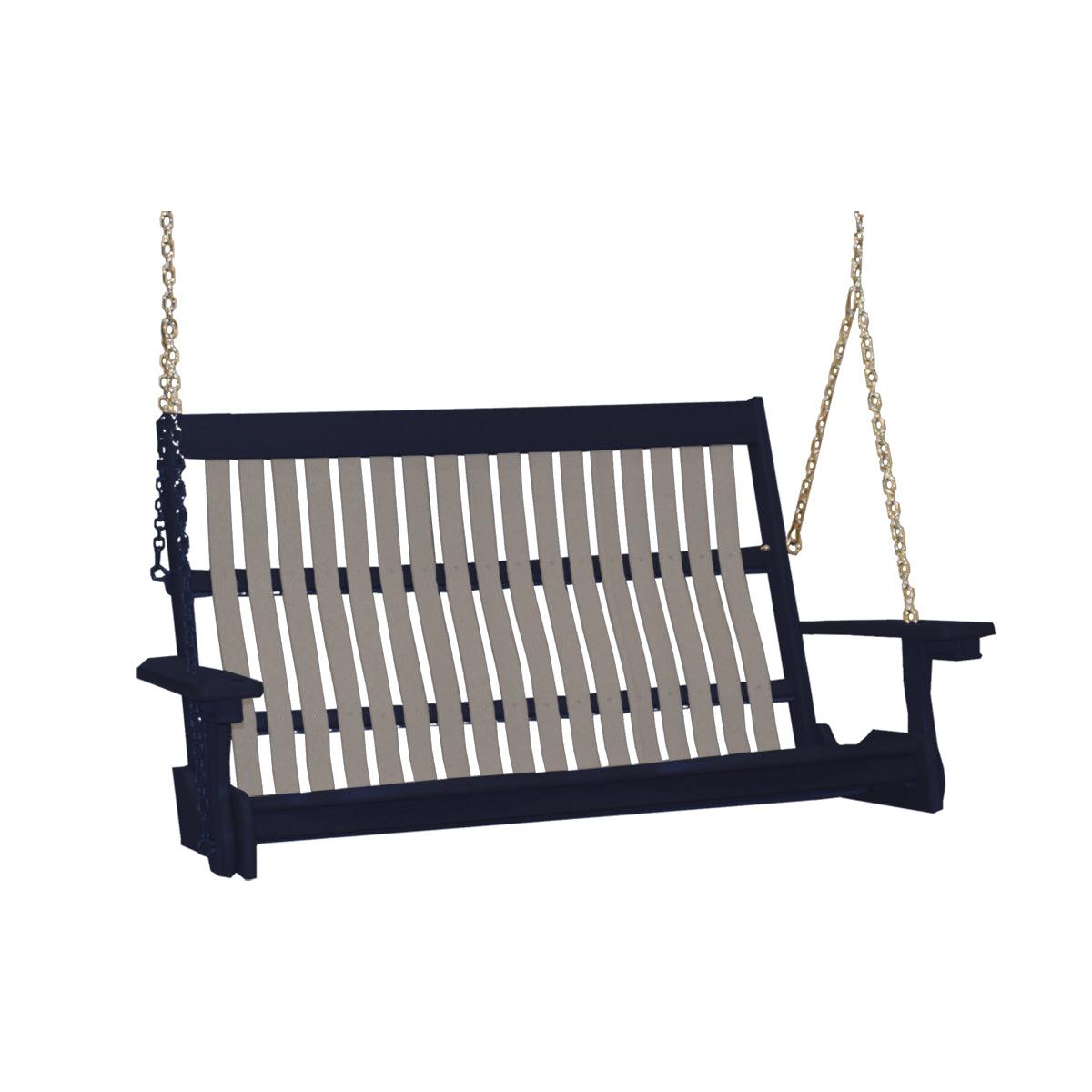 Mission style poly porch swing in navy blue and gray with hanging chains and cupholders