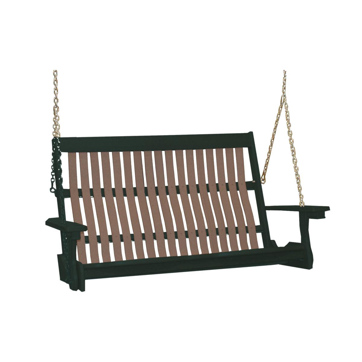Two-tone Mission style poly porch swing in black and brown with hanging chains.