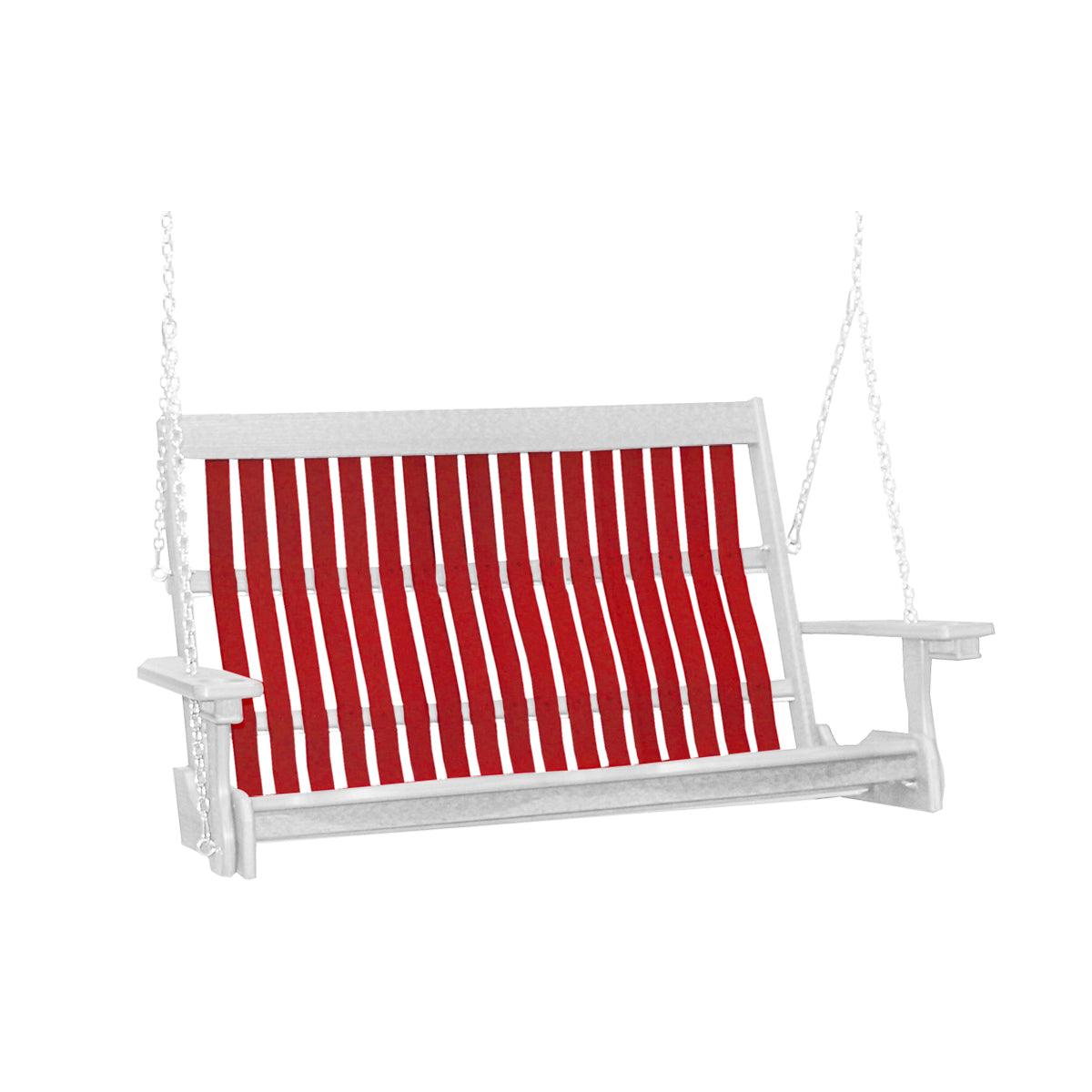 White and red Mission style poly porch swing with built-in cupholders and hanging chains.