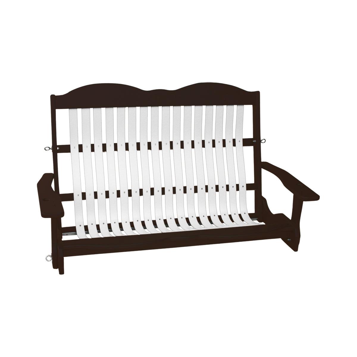 Dark brown Craftsman-style Cottage Swing with white vertical slats and built-in cupholders