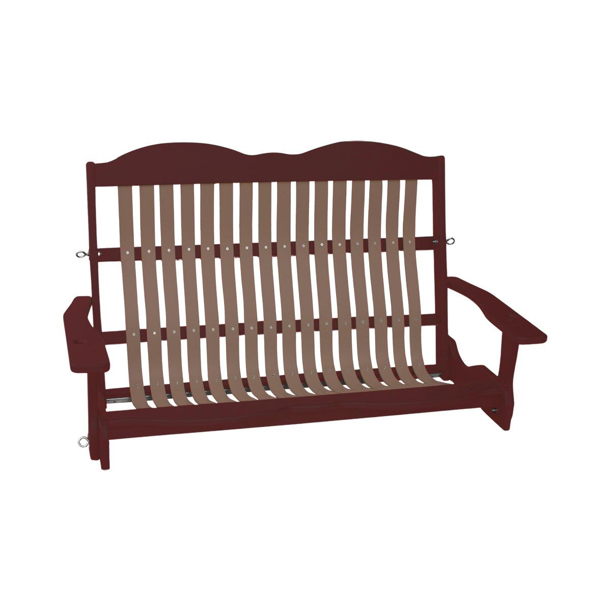 Two-tone brown and tan Craftsman style wooden porch swing with built-in cupholders