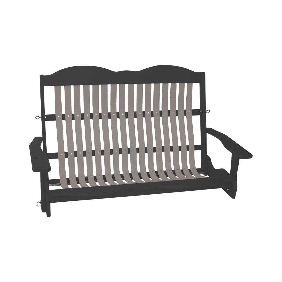Black Craftsman-style Cottage Swing with beige woven straps and built-in cupholders.