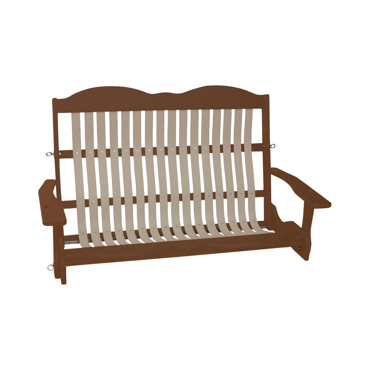 Brown and tan Craftsman-style wooden Cottage Swing with built-in cupholders