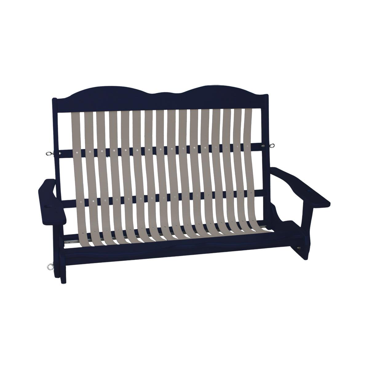 Navy blue and tan Craftsman style Cottage Swing with built-in cupholders