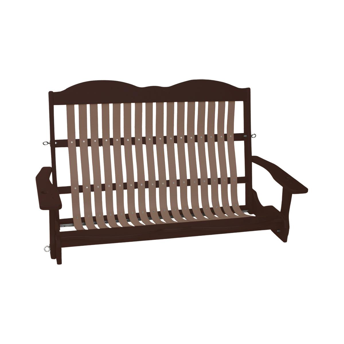 Two-tone brown Craftsman style Cottage Swing with built-in cupholders