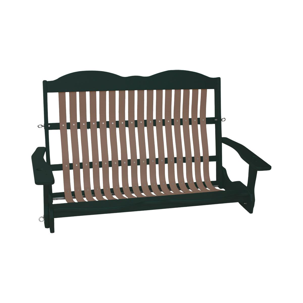Two-tone green and brown Craftsman style Cottage Swing with built-in cupholders.