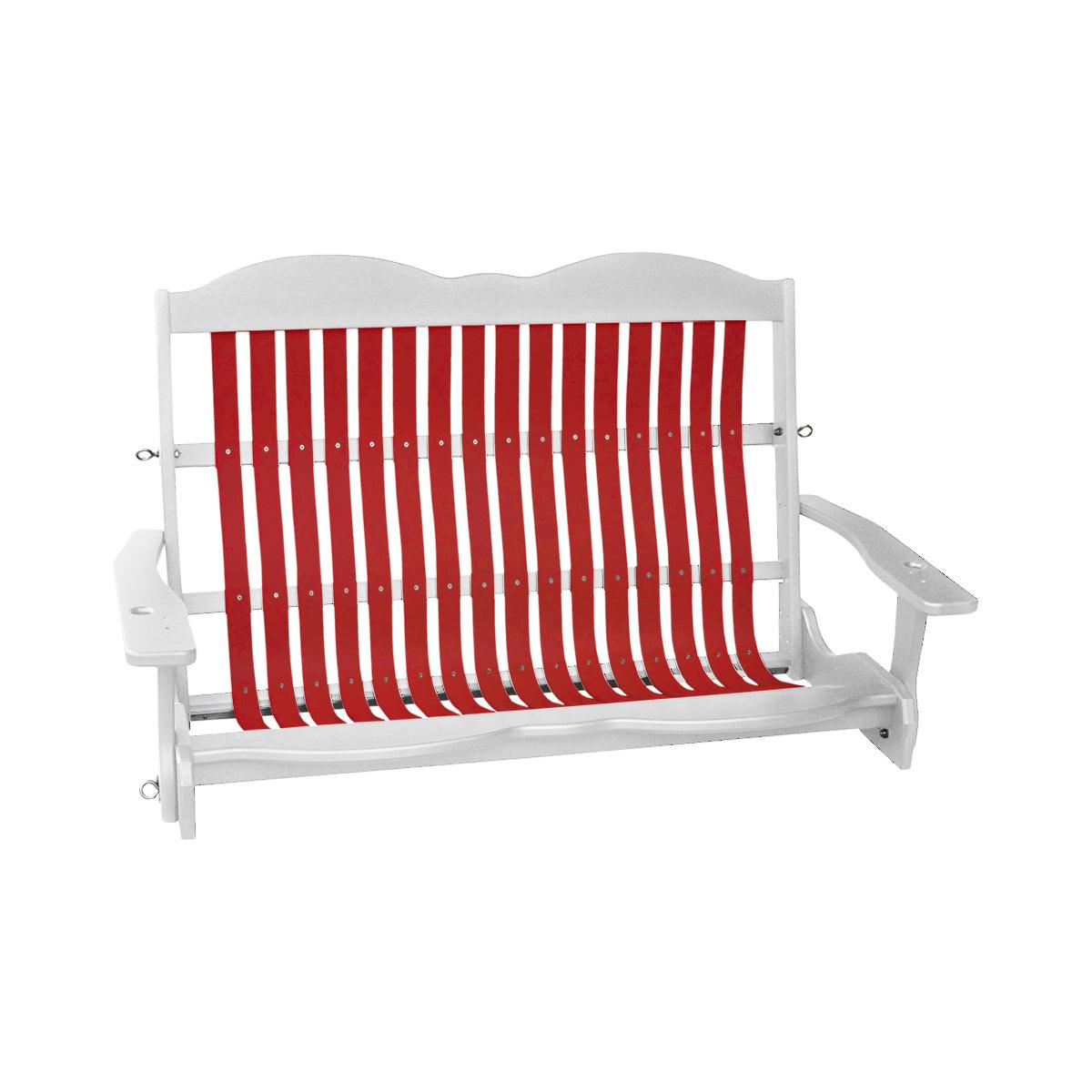 White wooden Cottage Swing with red striped fabric seat and built-in cupholders.