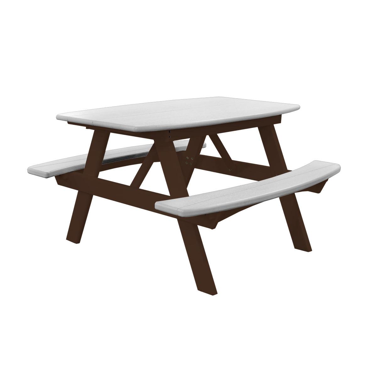 Child's poly picnic table with a white top and benches on a brown frame.