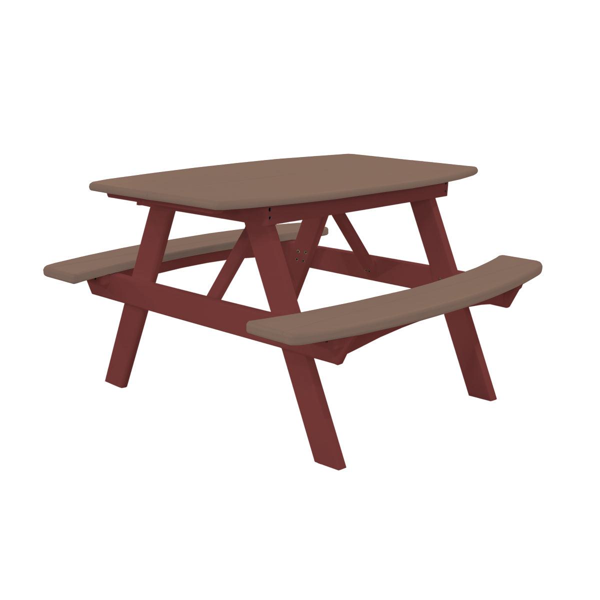 Child's poly picnic table with brown top and benches on a red frame.