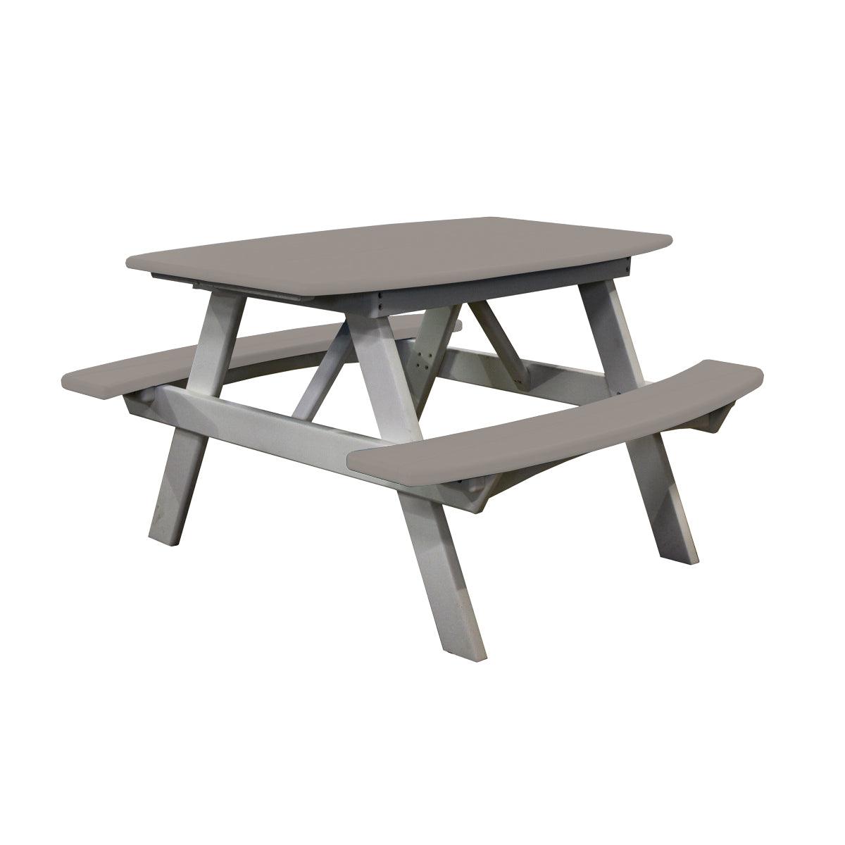 Child's grey and white recycled poly picnic table with attached benches.