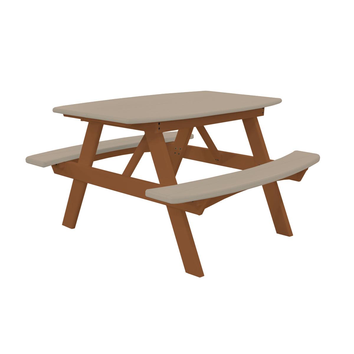 Child's poly picnic table with tan top and benches on a brown frame.
