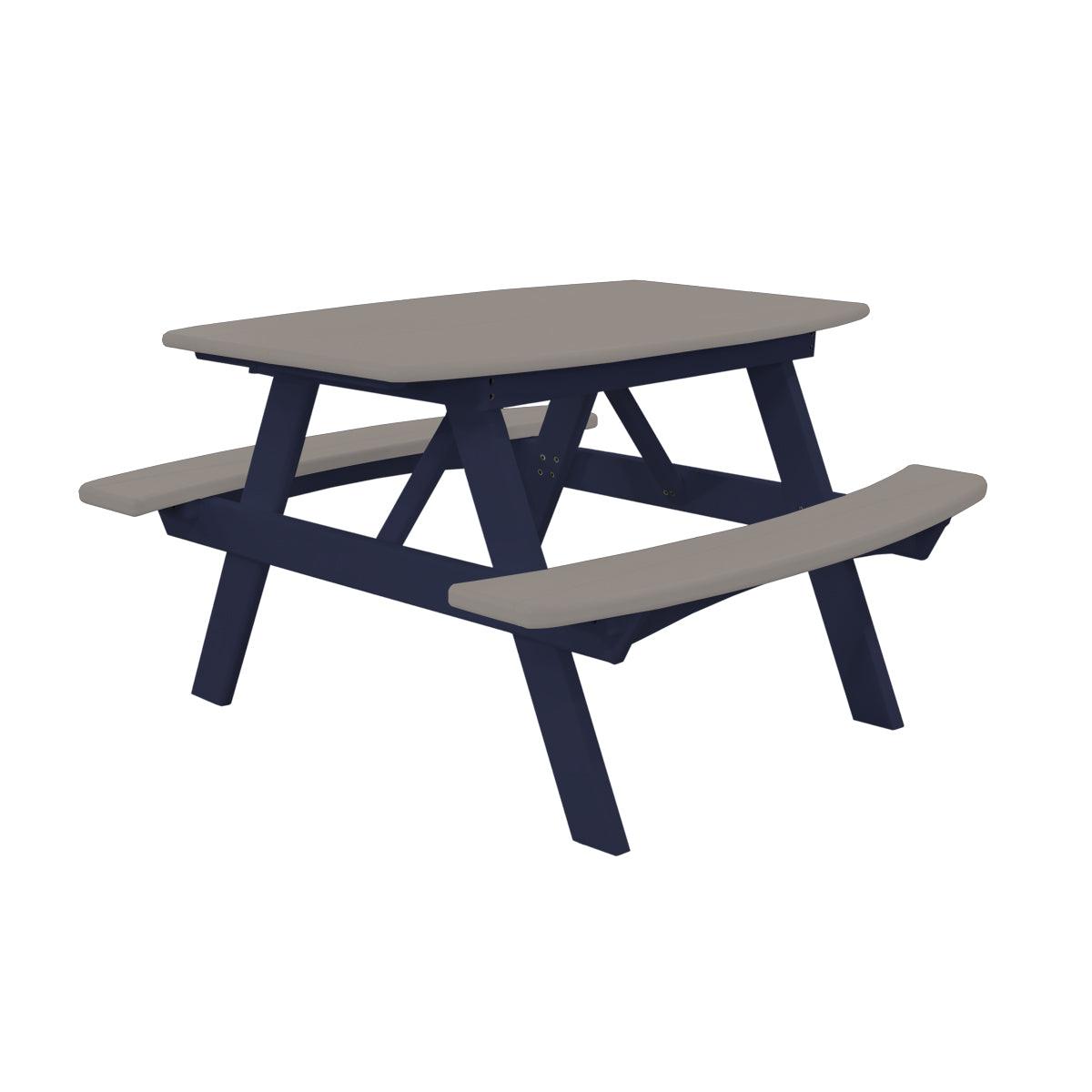 Child's recycled poly picnic table with a grey top and benches on a dark blue frame.