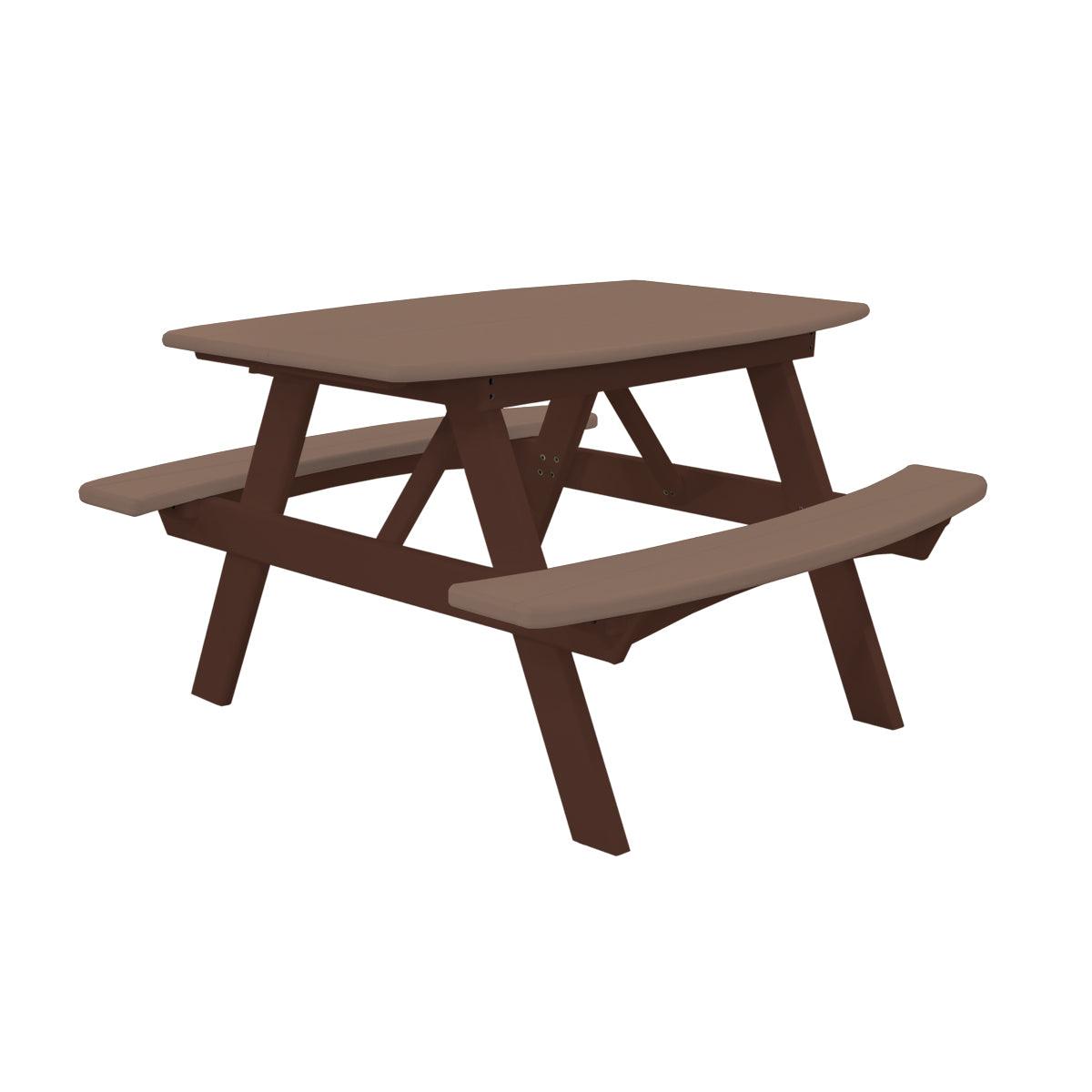 Two-tone brown child's poly picnic table with attached benches on a white background.