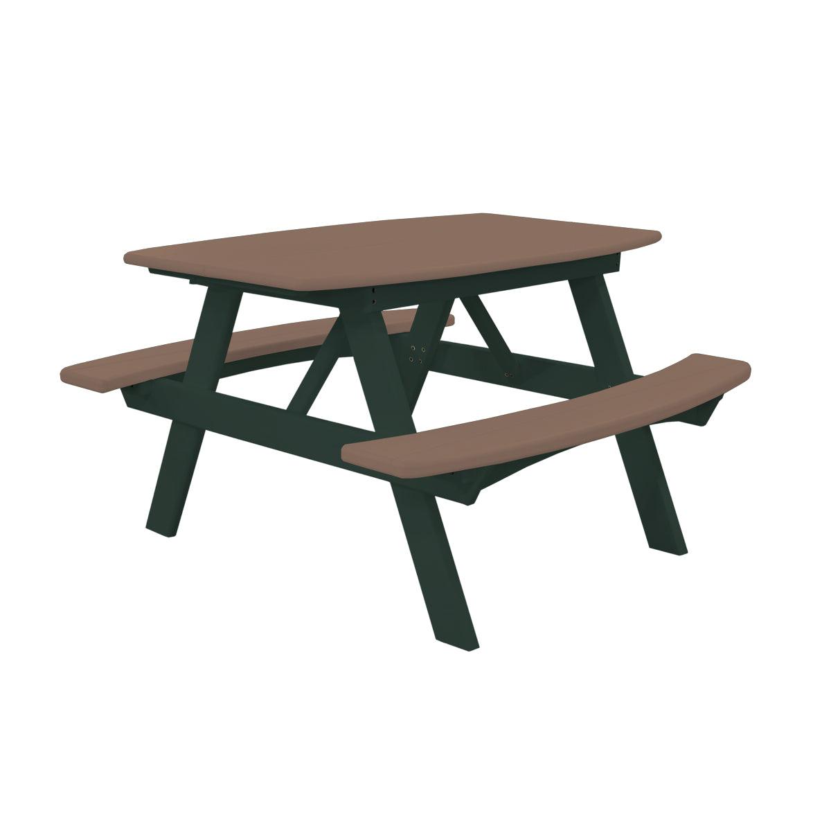 Child's poly picnic table with a brown top and benches on a dark green frame.