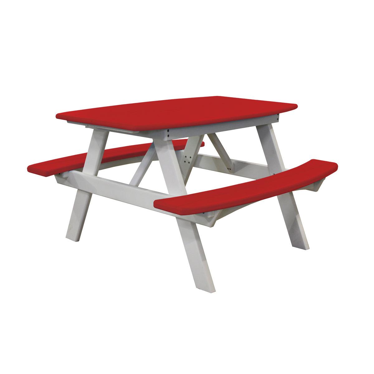Child's poly picnic table with a red top and benches on a white frame.