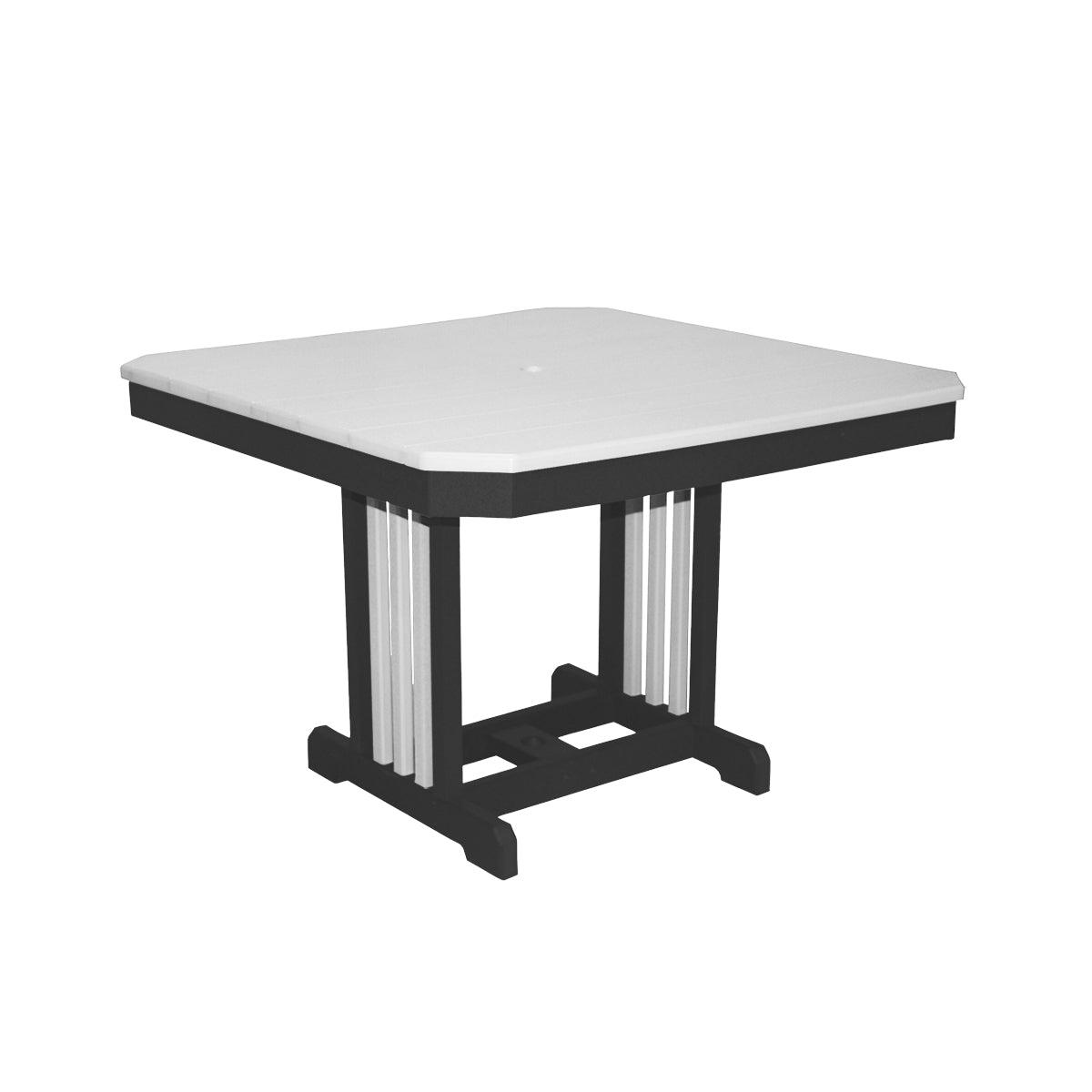44-inch square Mission outdoor dining table in two-tone black and white poly lumber.