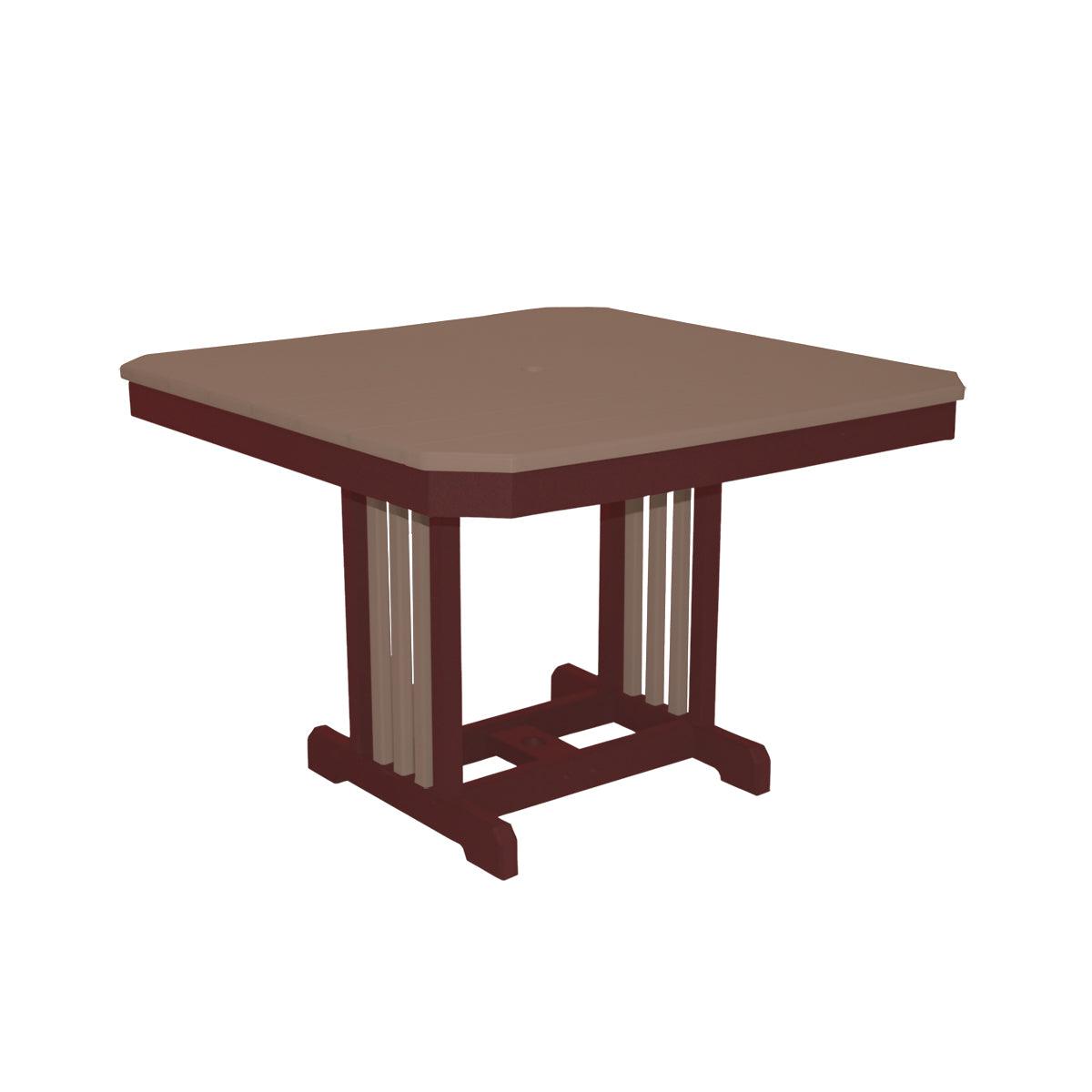 Square Mission outdoor dining table in brown and dark red poly lumber.