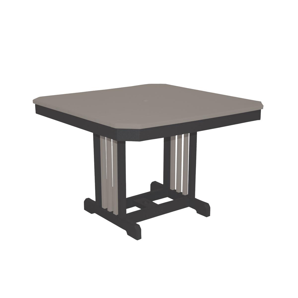 44-inch square Mission outdoor dining table in grey and black poly lumber.