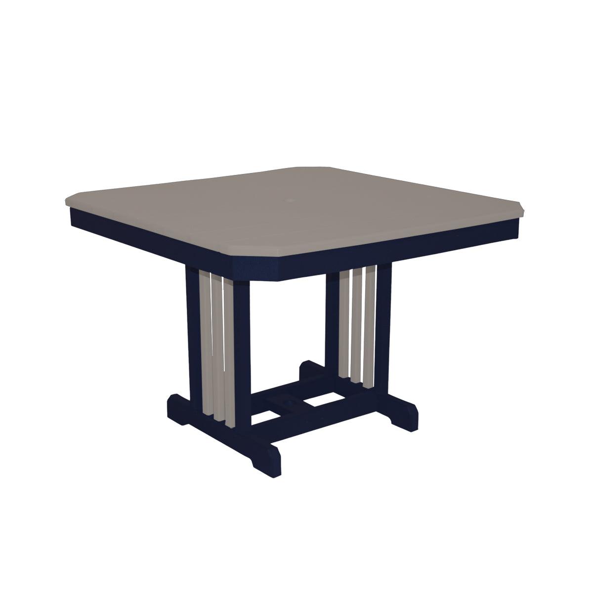 44-inch square Mission outdoor dining table in grey and navy blue poly lumber.