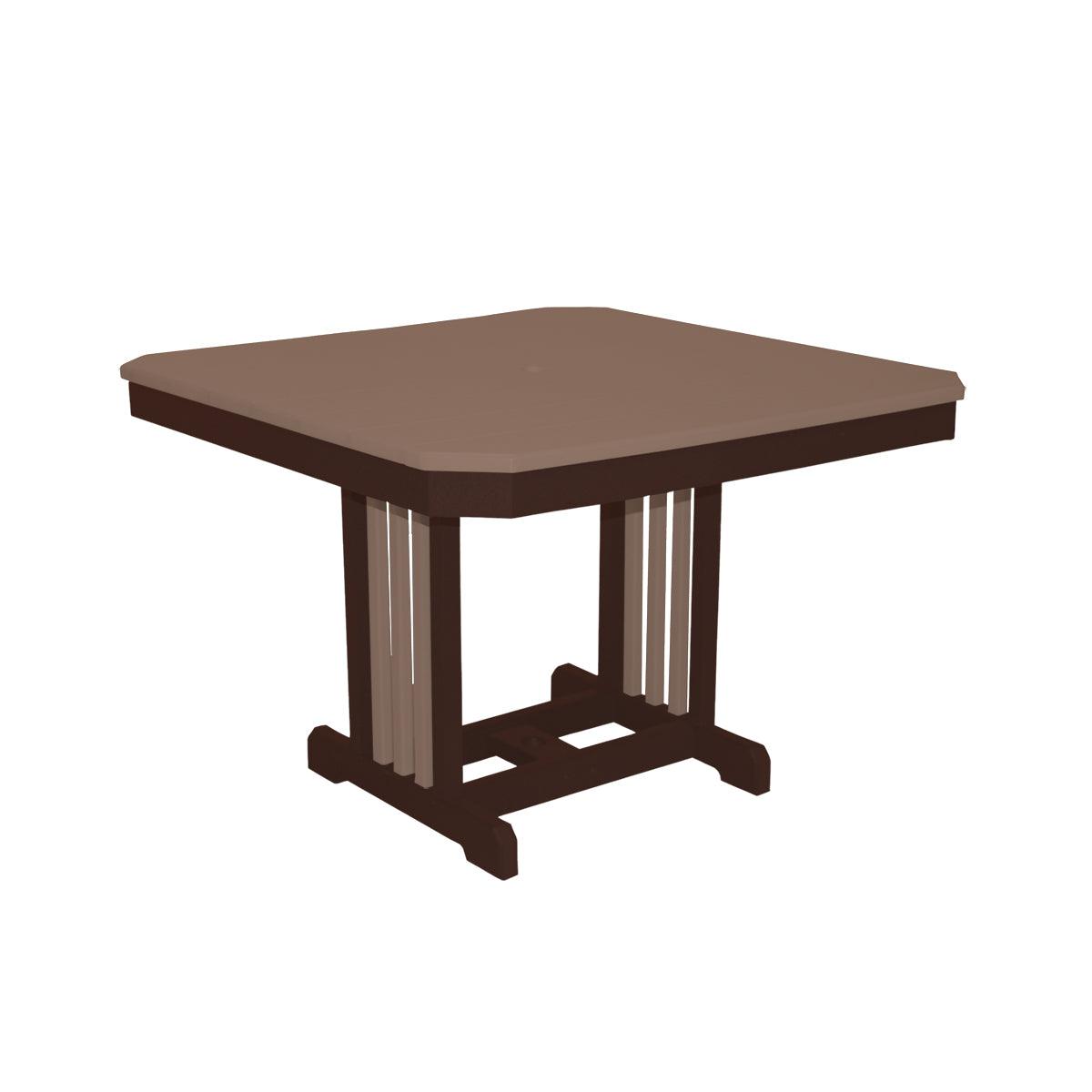 44-inch square Mission outdoor dining table in brown and tan poly lumber.