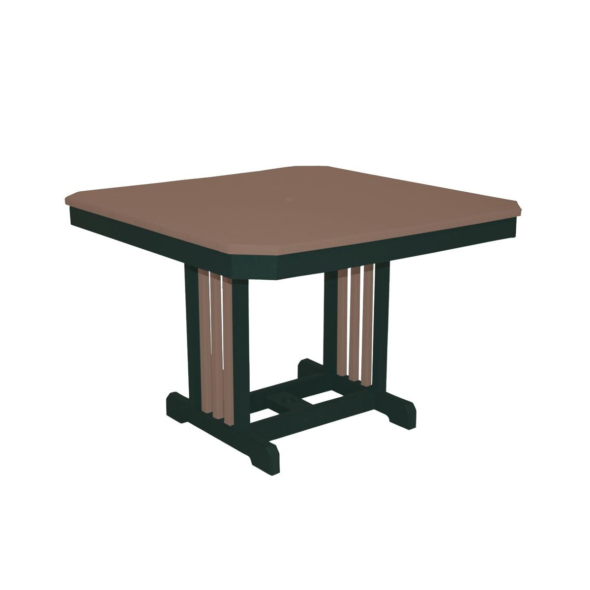 Square brown and black Mission style outdoor dining table with a sturdy pedestal base.