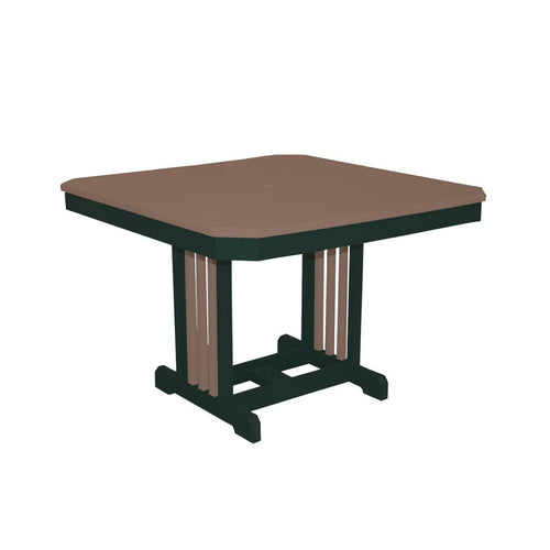 Square brown and black Mission style outdoor dining table with a sturdy pedestal base.