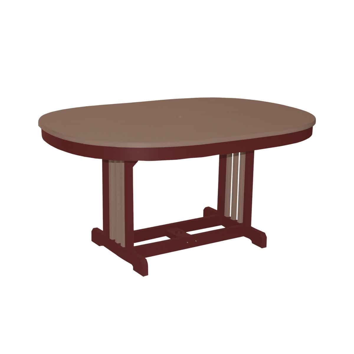 Oval Mission Table in brown and burgundy recycled polylumber with a classic slatted base.