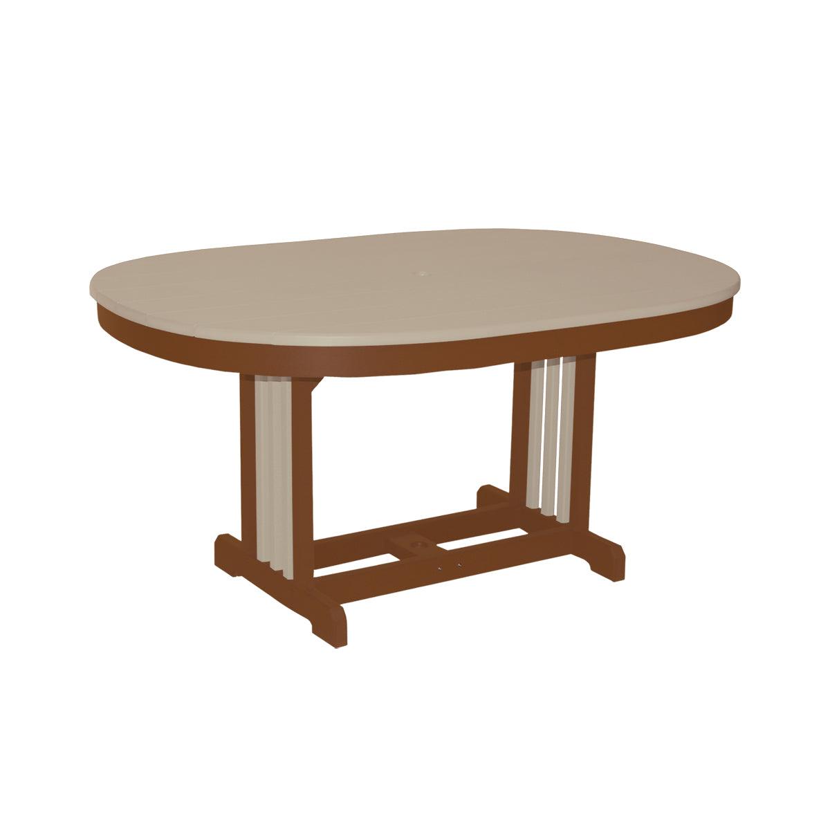 Oval Mission Table in two-tone tan and brown recycled polylumber.