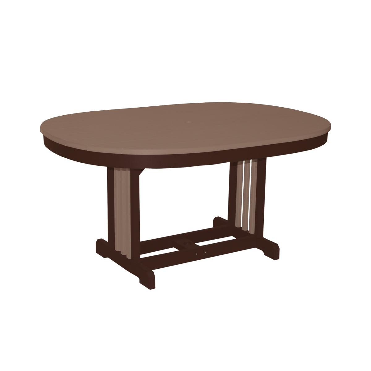 Oval Mission Table in brown and tan recycled polylumber with a slatted base.
