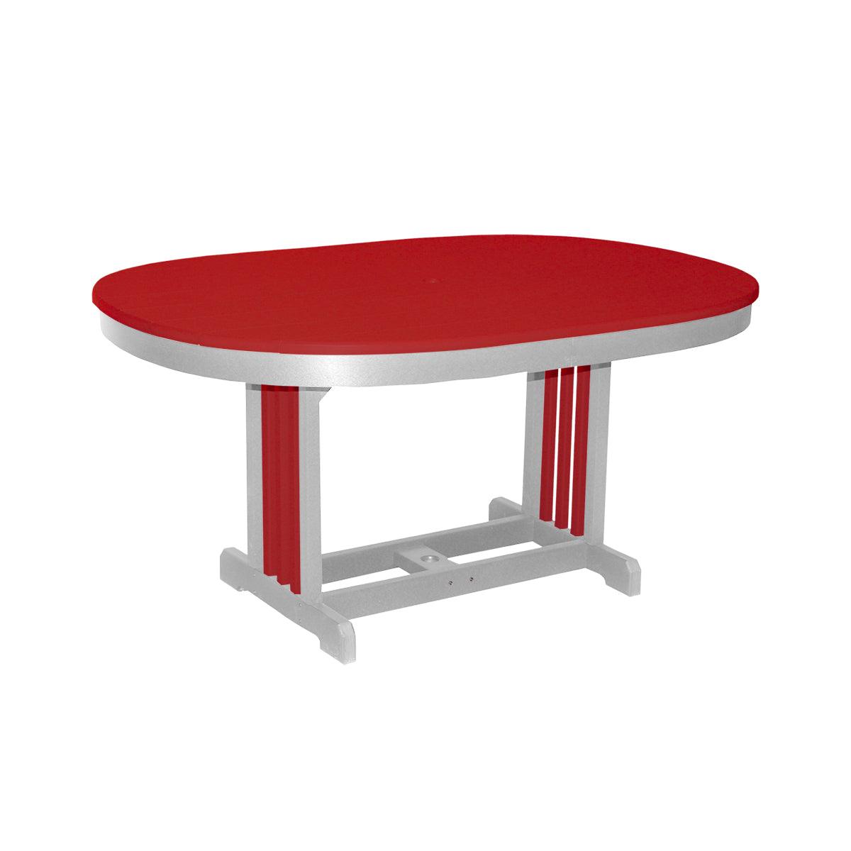 Oval Mission Table in red and grey recycled polylumber with a classic slatted base.