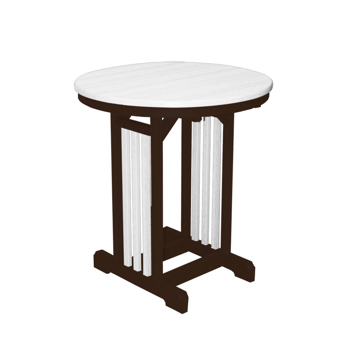 33-inch round patio table with a white top and dark brown base.