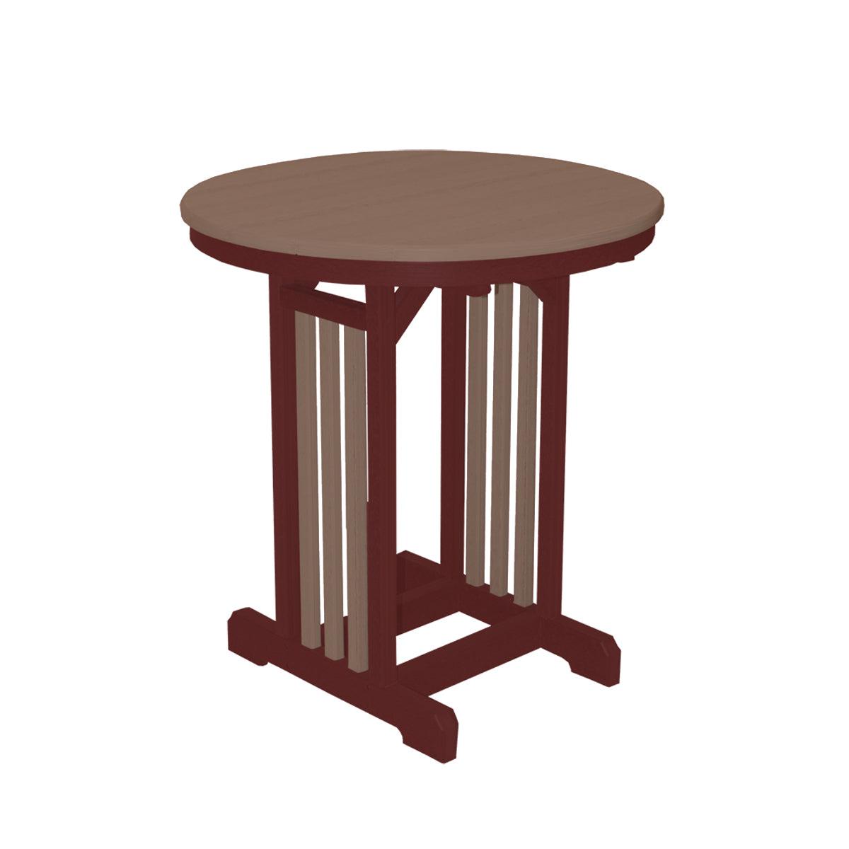 33-inch round outdoor table with a tan top and dark red base, made from recycled materials.