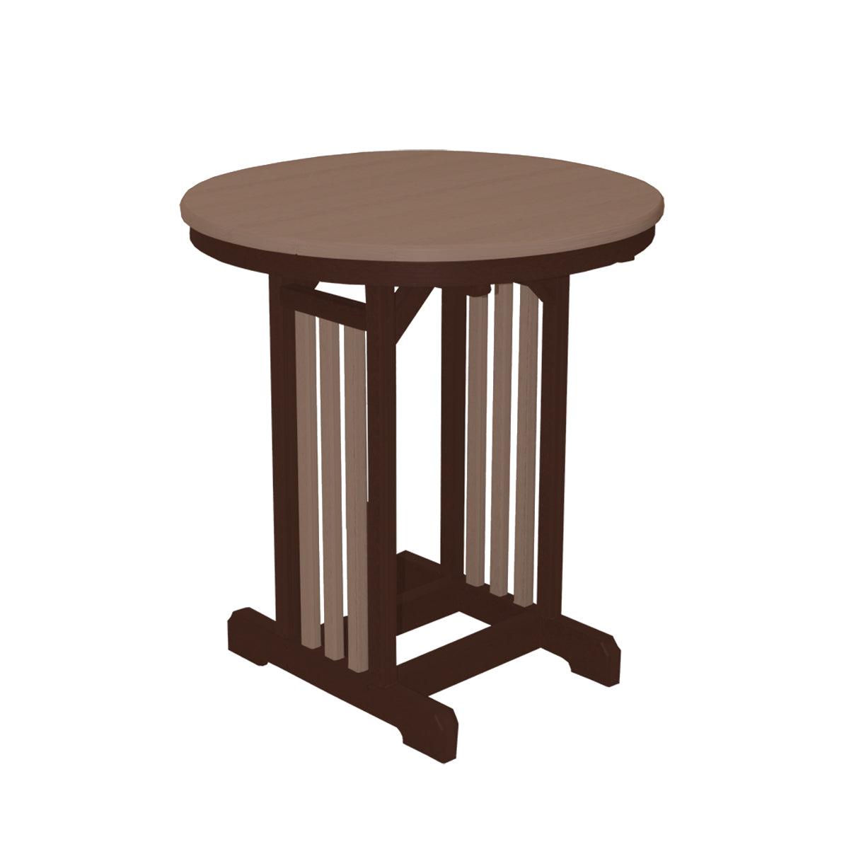 33-inch round outdoor table in brown and tan recycled poly lumber.