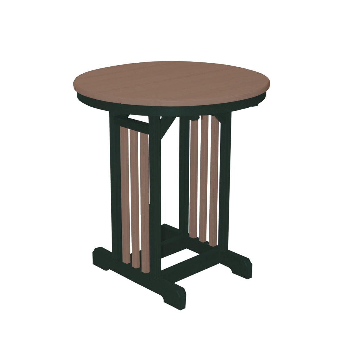 33-inch round outdoor table with a brown top and black frame, handcrafted from recycled materials.