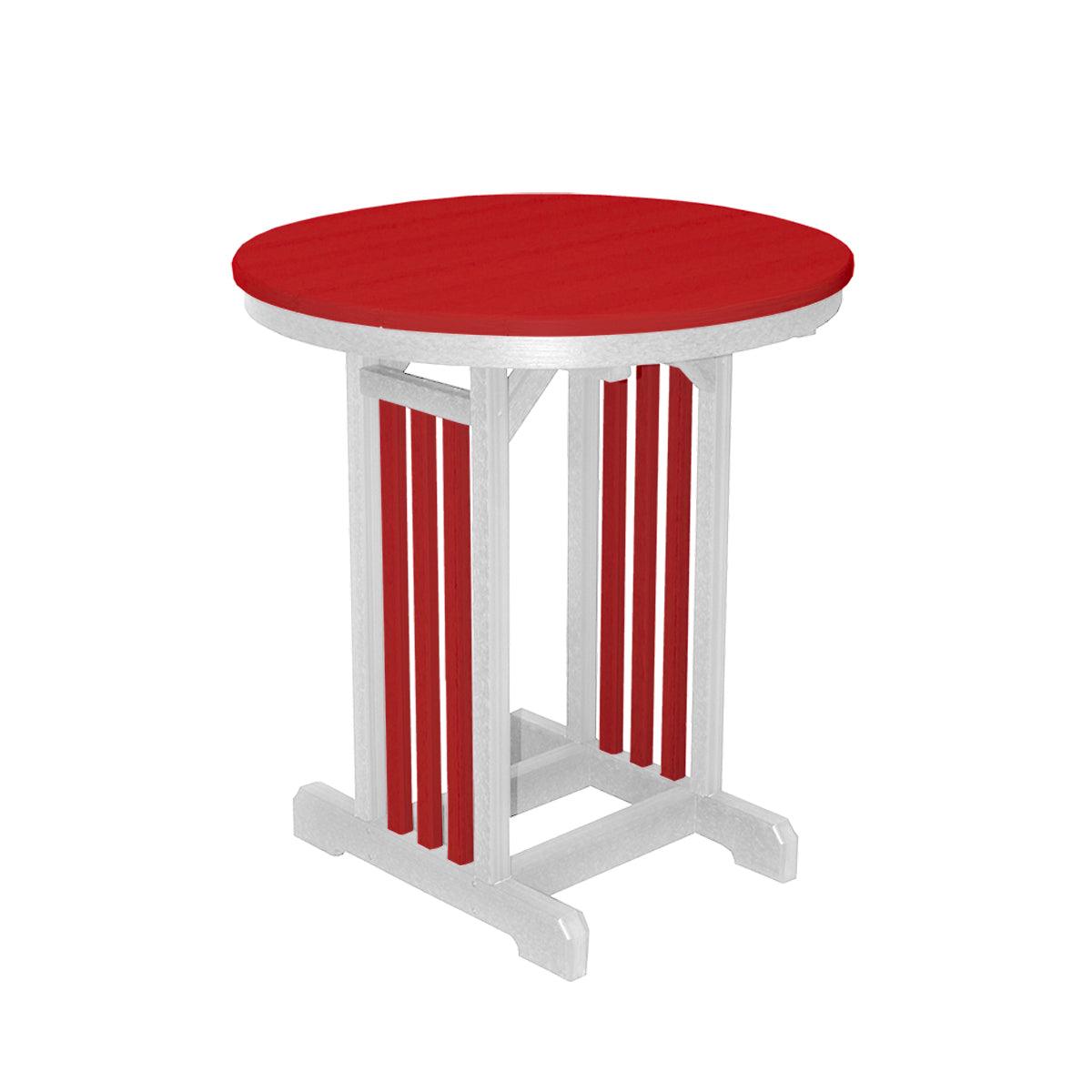 Round 33-inch outdoor table with a red top and white frame made of recycled plastic.
